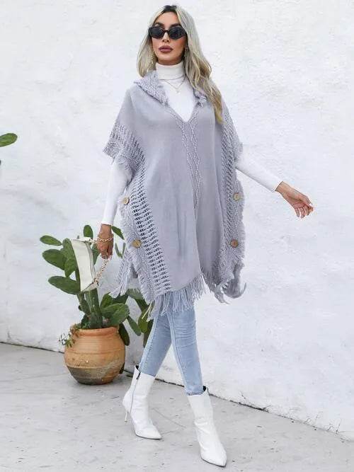 Fringe Trim Buttoned Hooded Poncho - Bona Fide Fashion