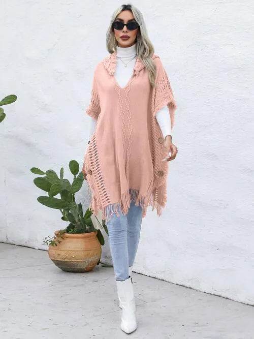 Fringe Trim Buttoned Hooded Poncho - Bona Fide Fashion