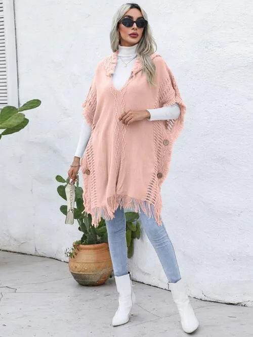 Fringe Trim Buttoned Hooded Poncho - Bona Fide Fashion