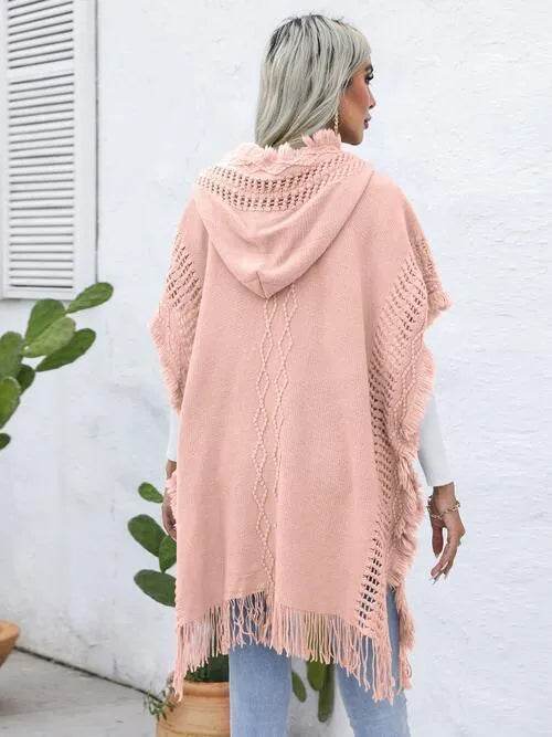 Fringe Trim Buttoned Hooded Poncho - Bona Fide Fashion