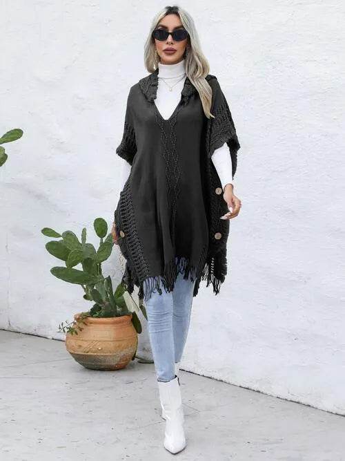 Fringe Trim Buttoned Hooded Poncho - Bona Fide Fashion