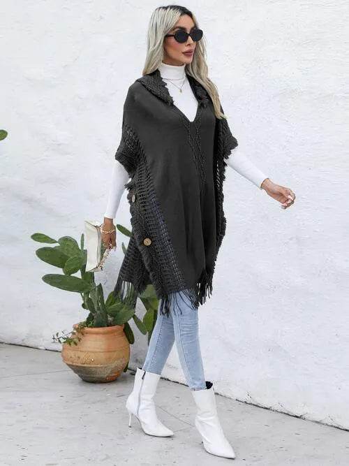 Fringe Trim Buttoned Hooded Poncho - Bona Fide Fashion