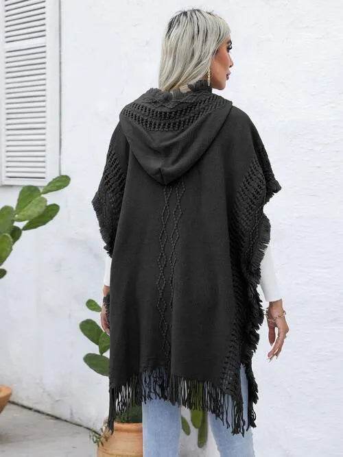 Fringe Trim Buttoned Hooded Poncho - Bona Fide Fashion