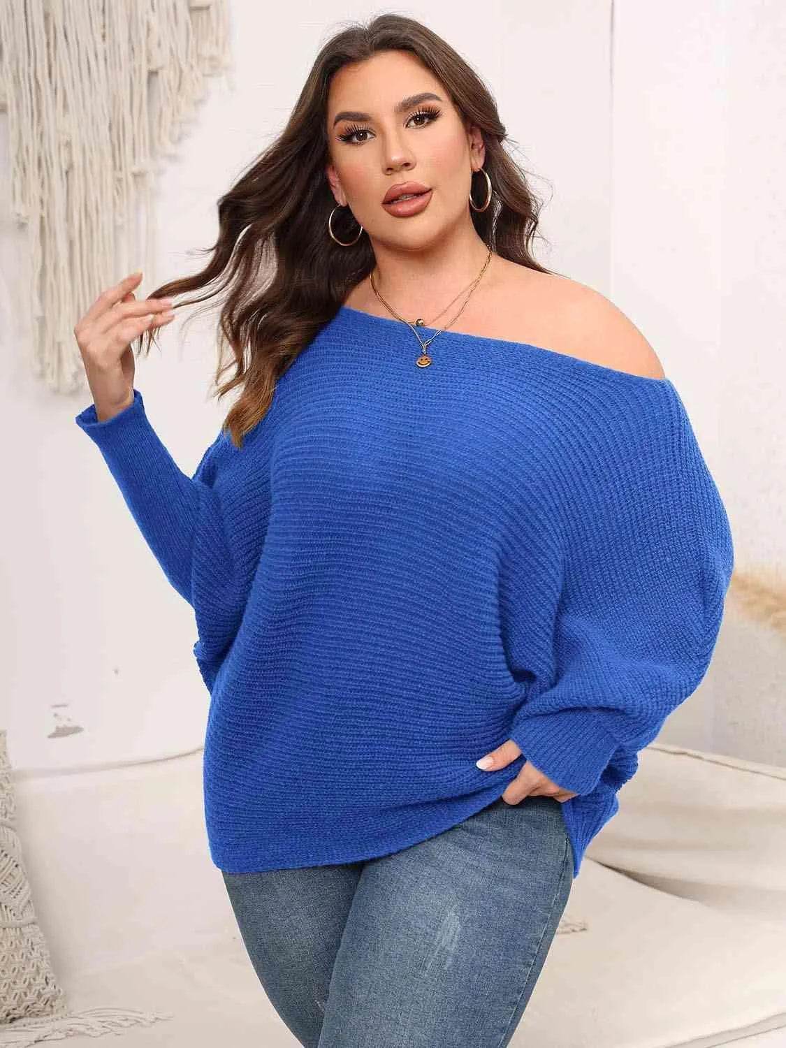 Full Size Boat Neck Batwing Sleeve Sweater - Bona Fide Fashion