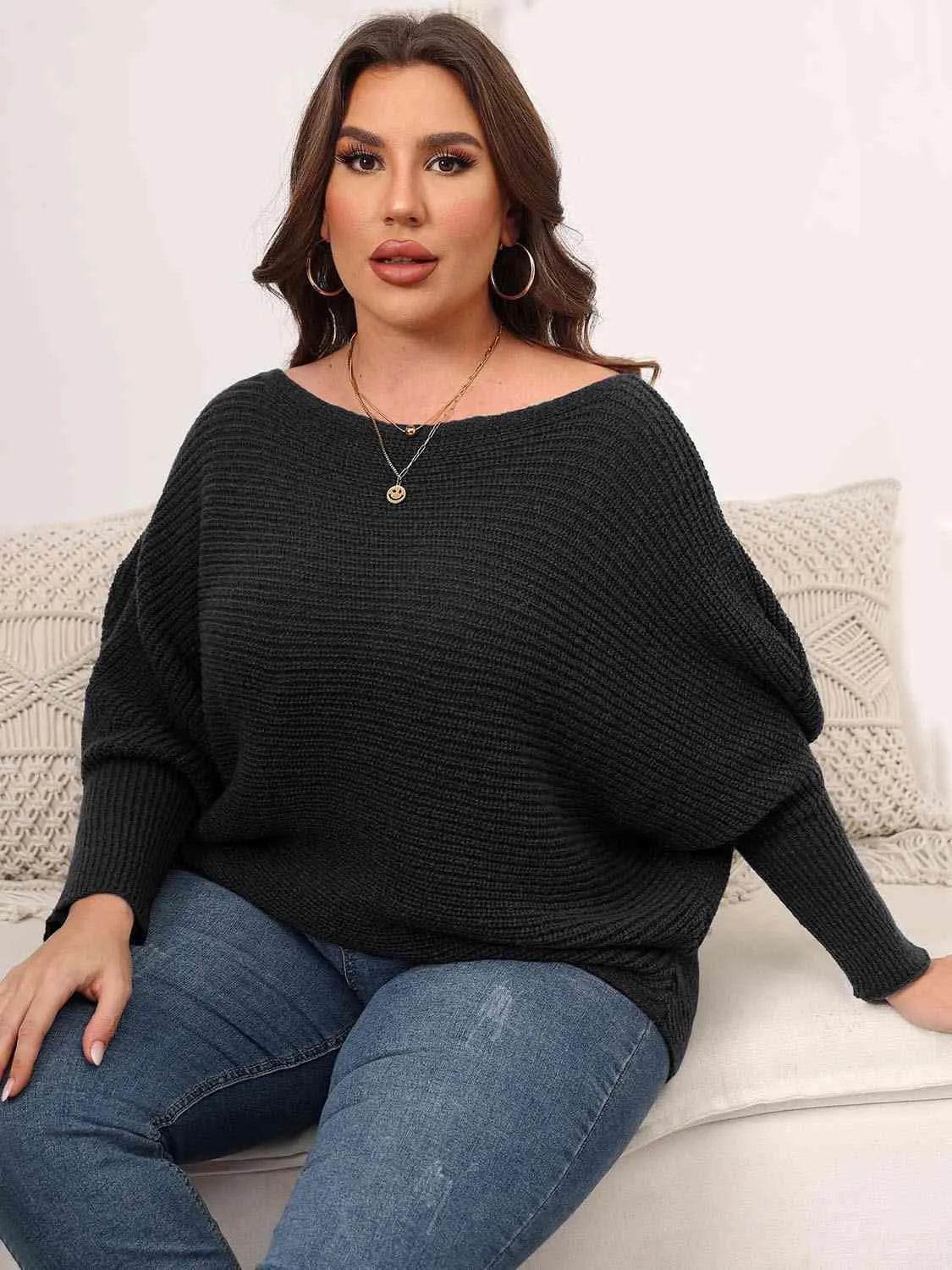 Full Size Boat Neck Batwing Sleeve Sweater - Bona Fide Fashion