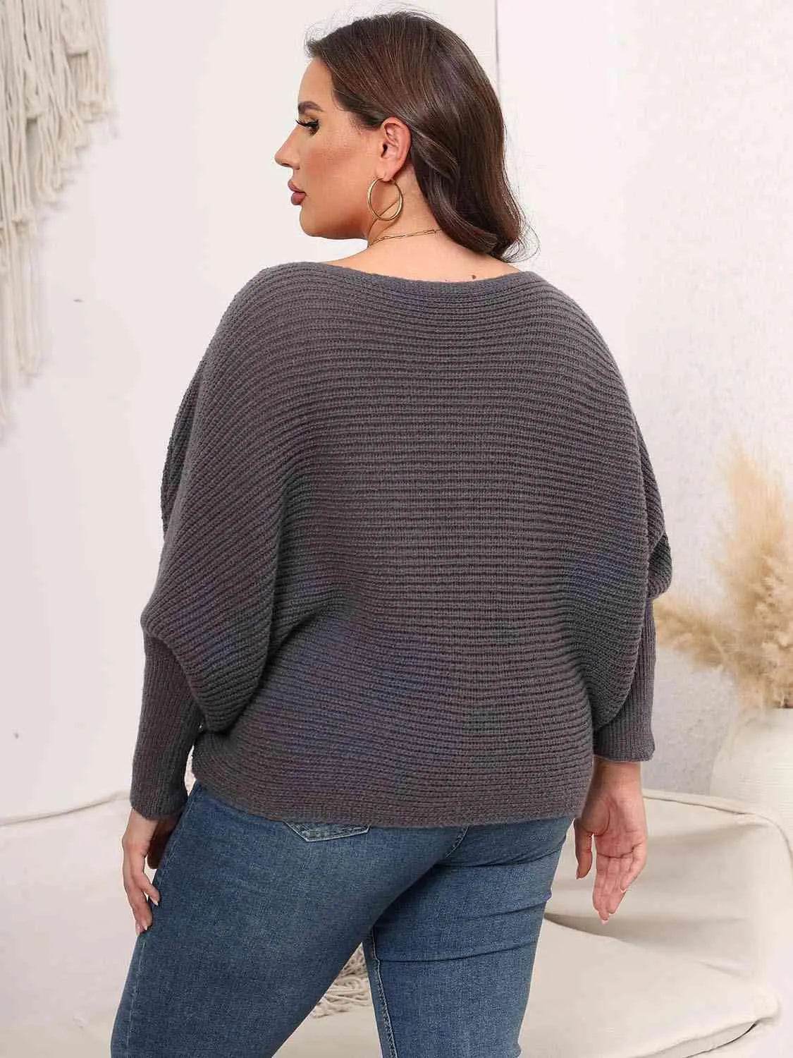 Full Size Boat Neck Batwing Sleeve Sweater - Bona Fide Fashion