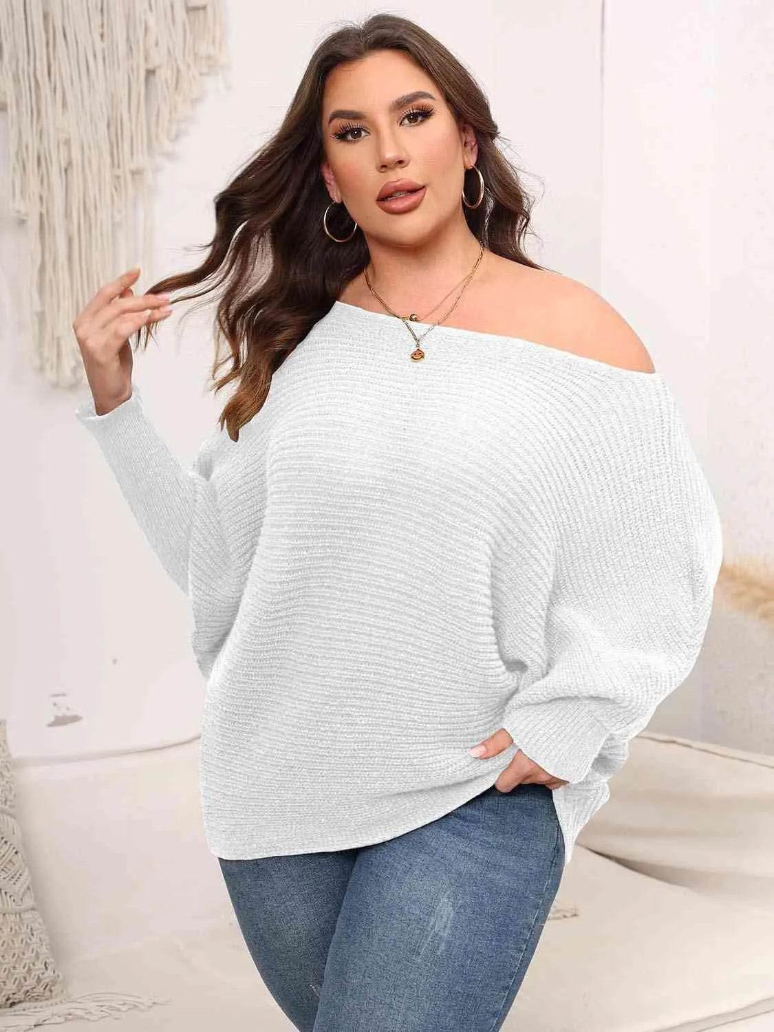 Full Size Boat Neck Batwing Sleeve Sweater - Bona Fide Fashion