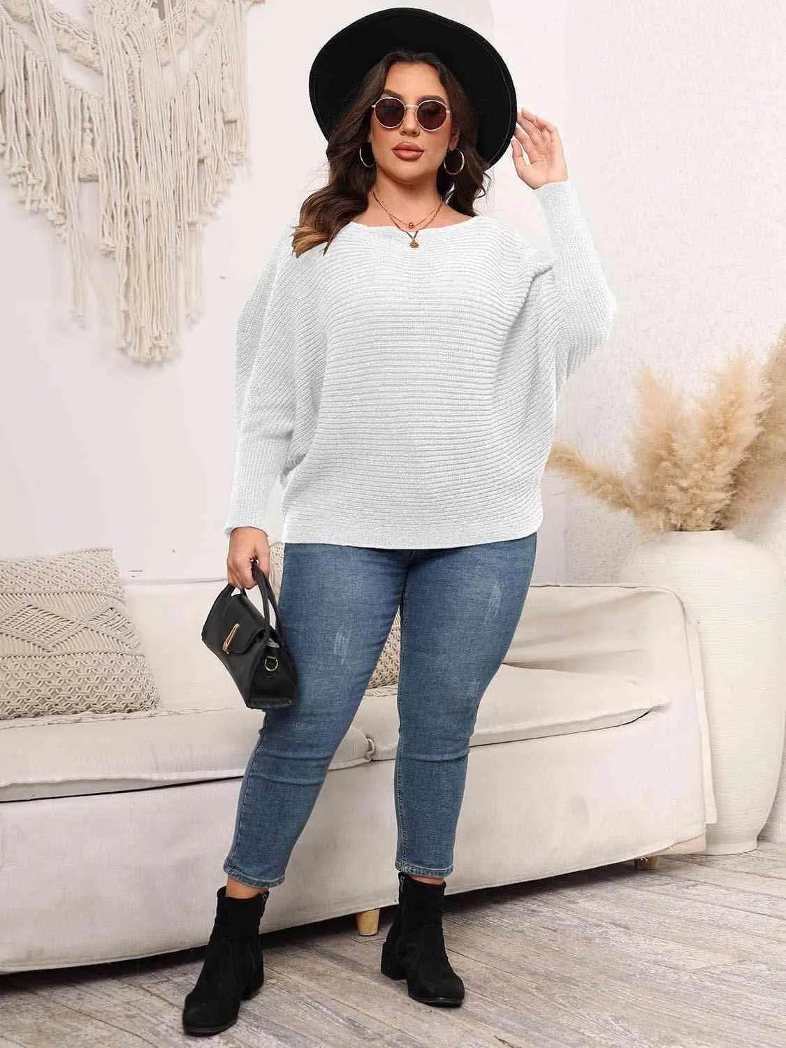 Full Size Boat Neck Batwing Sleeve Sweater - Bona Fide Fashion
