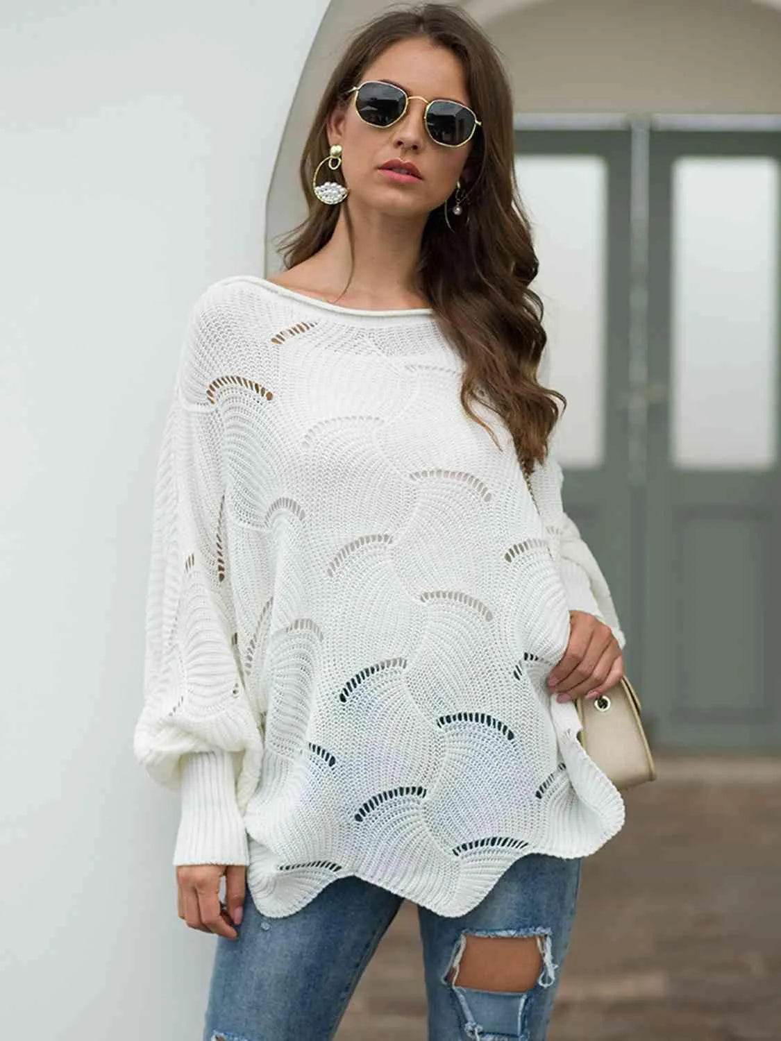 Full Size Boat Neck Lantern Sleeve Openwork Knit Top - Bona Fide Fashion