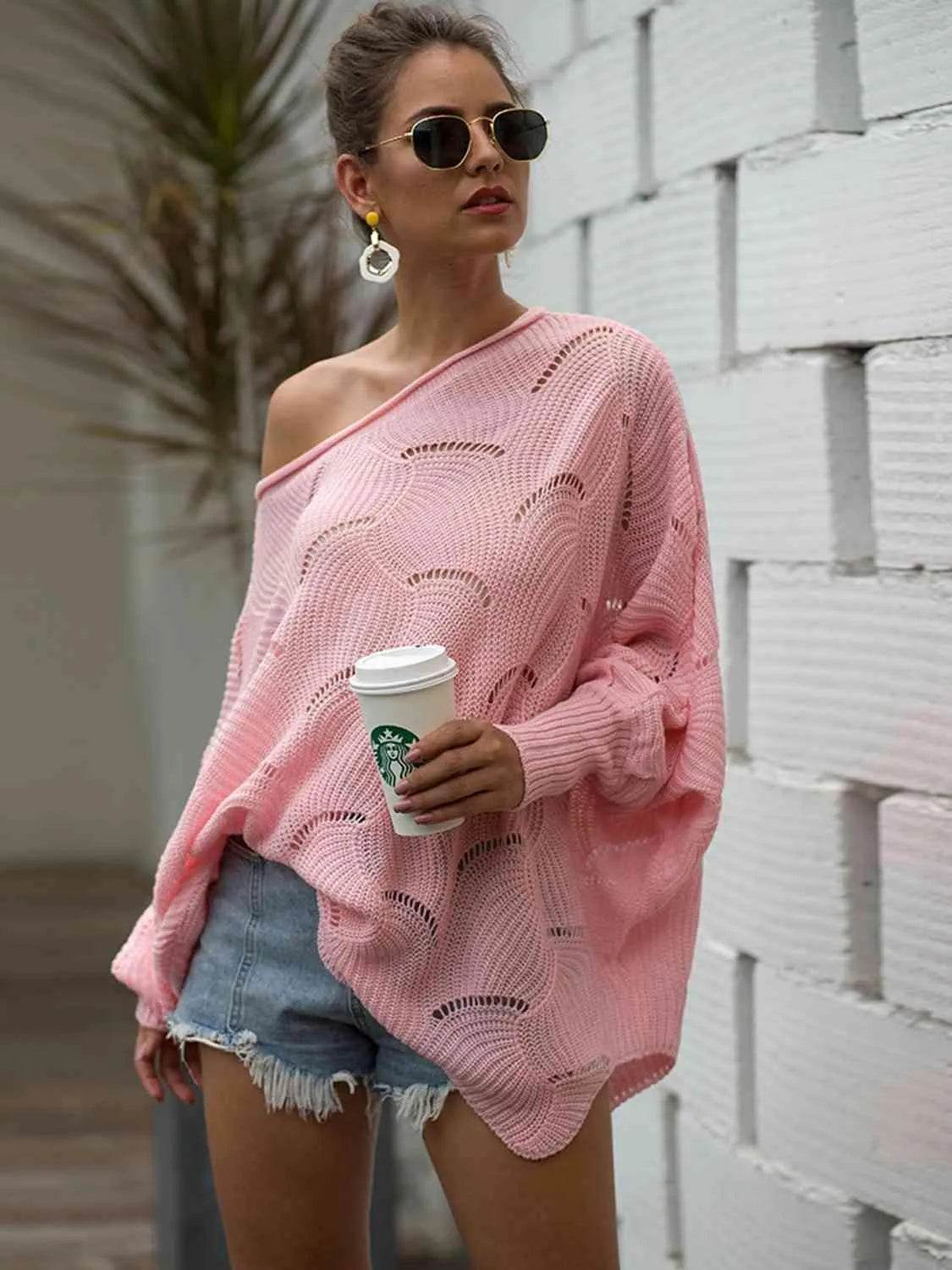 Full Size Boat Neck Lantern Sleeve Openwork Knit Top - Bona Fide Fashion