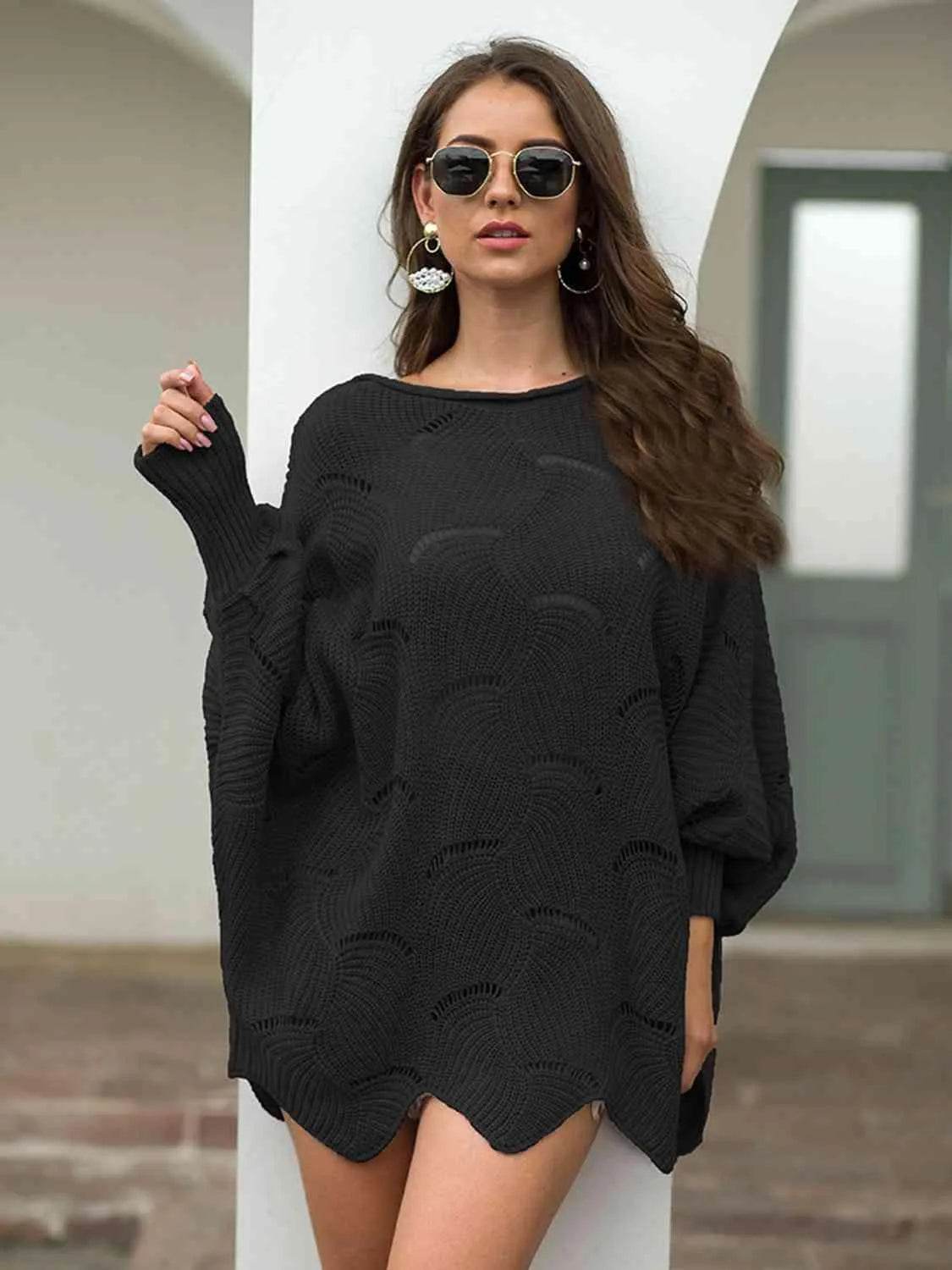 Full Size Boat Neck Lantern Sleeve Openwork Knit Top - Bona Fide Fashion