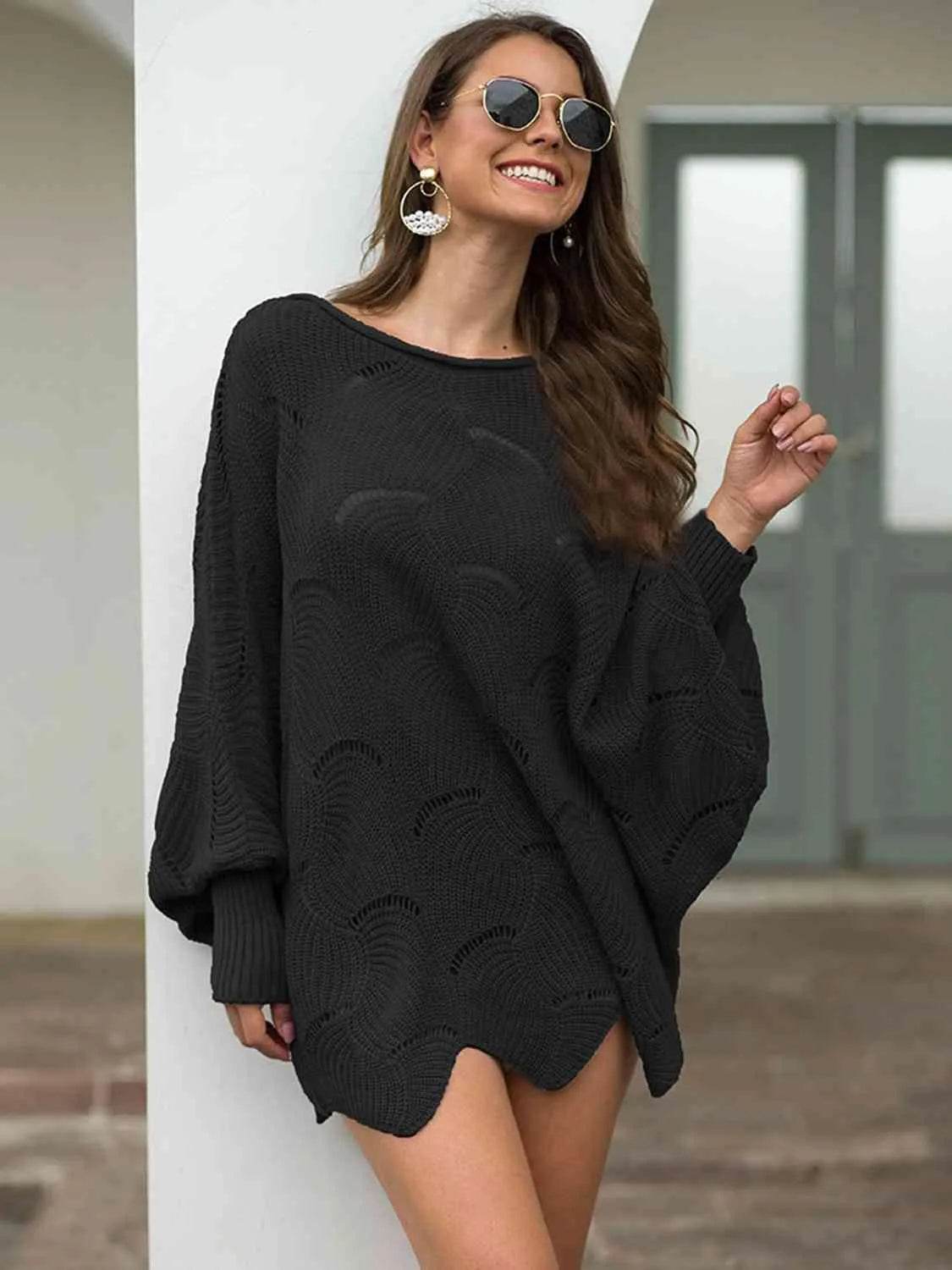 Full Size Boat Neck Lantern Sleeve Openwork Knit Top - Bona Fide Fashion
