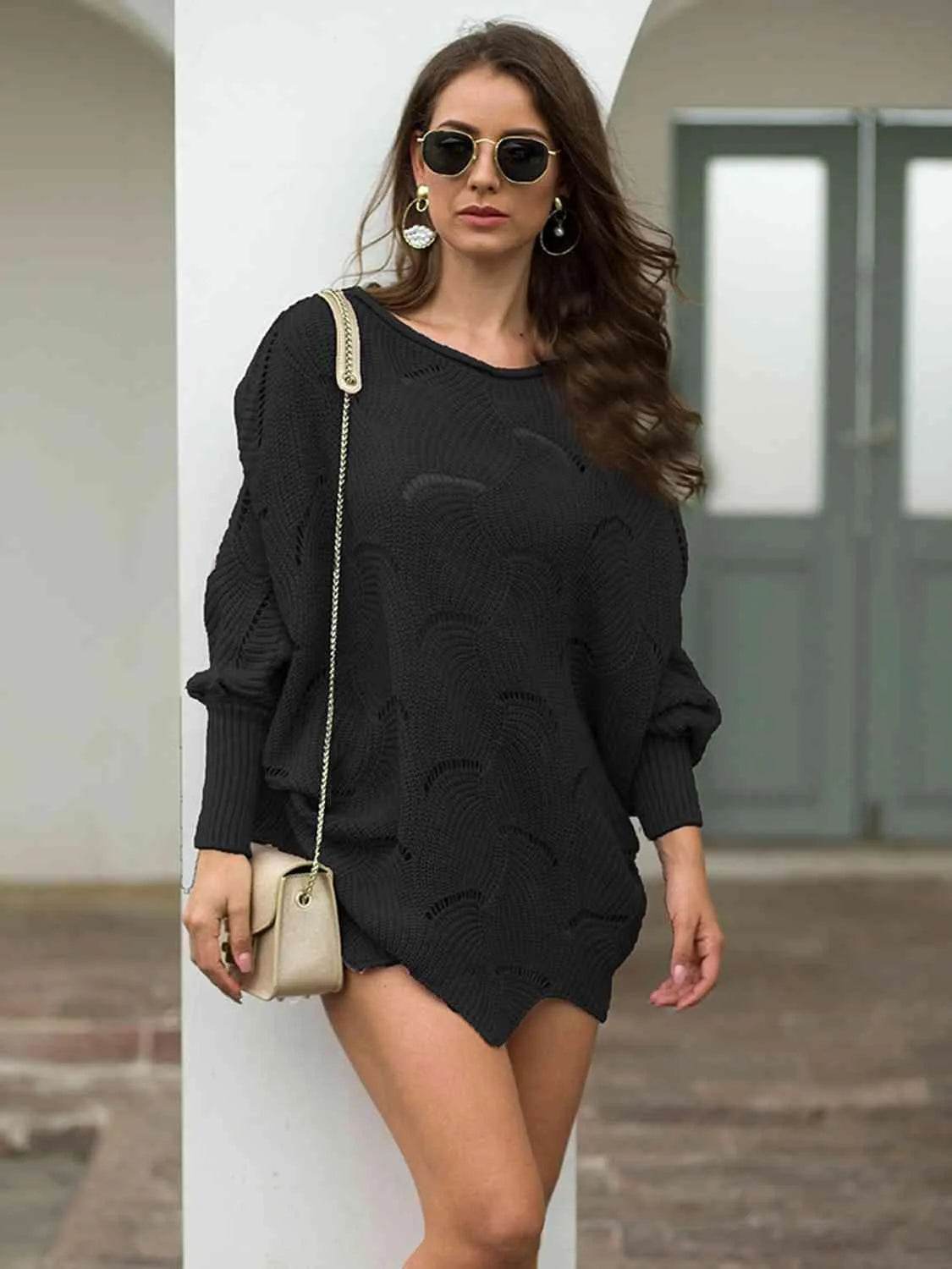 Full Size Boat Neck Lantern Sleeve Openwork Knit Top - Bona Fide Fashion