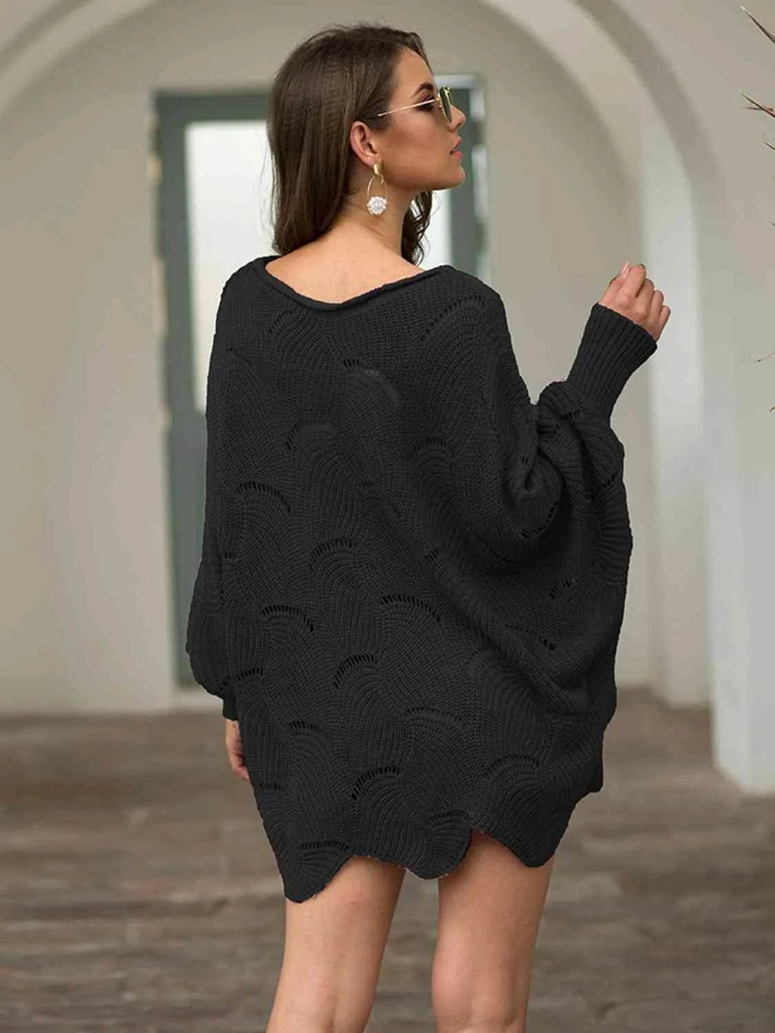 Full Size Boat Neck Lantern Sleeve Openwork Knit Top - Bona Fide Fashion