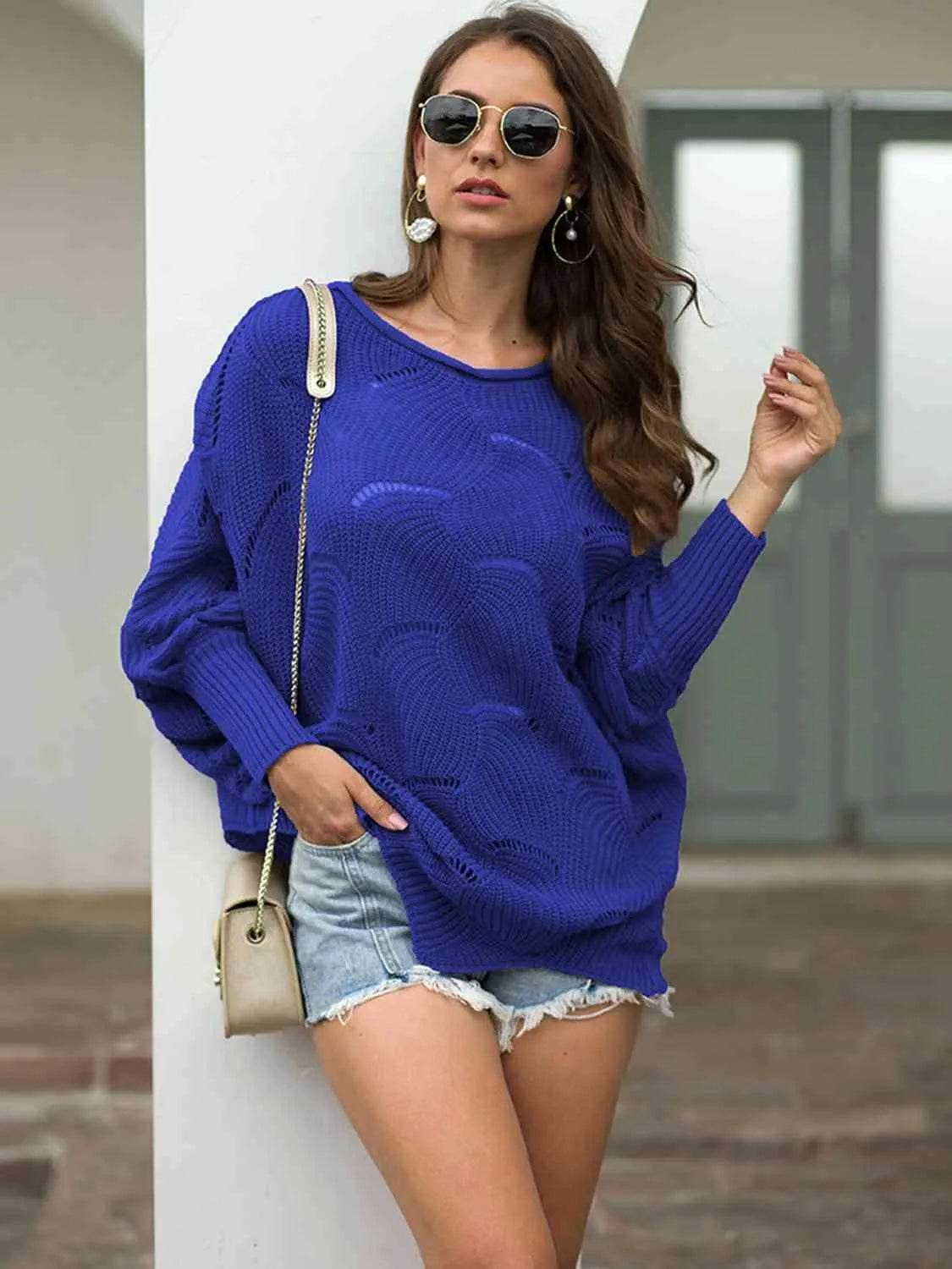Full Size Boat Neck Lantern Sleeve Openwork Knit Top - Bona Fide Fashion