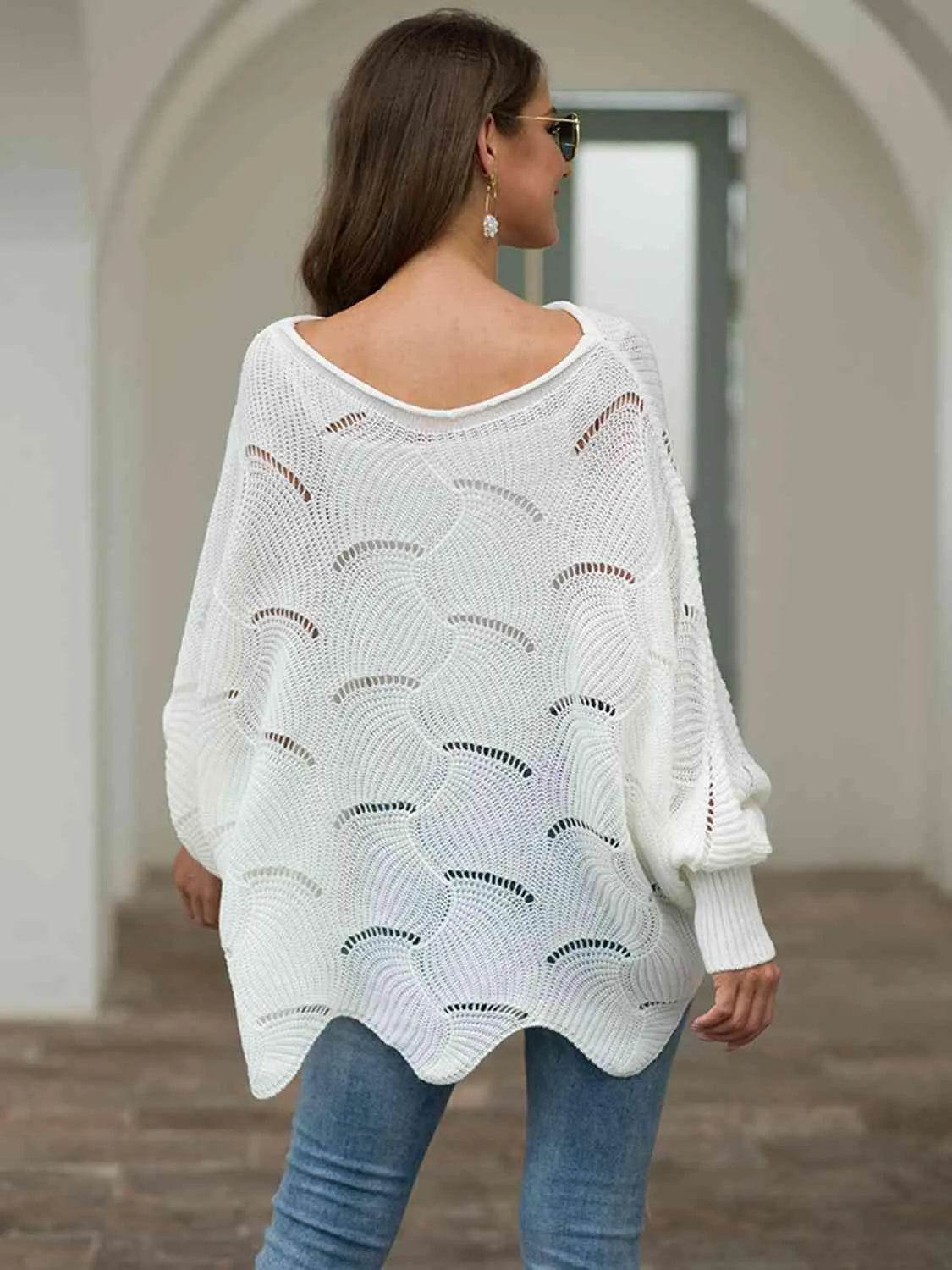 Full Size Boat Neck Lantern Sleeve Openwork Knit Top - Bona Fide Fashion