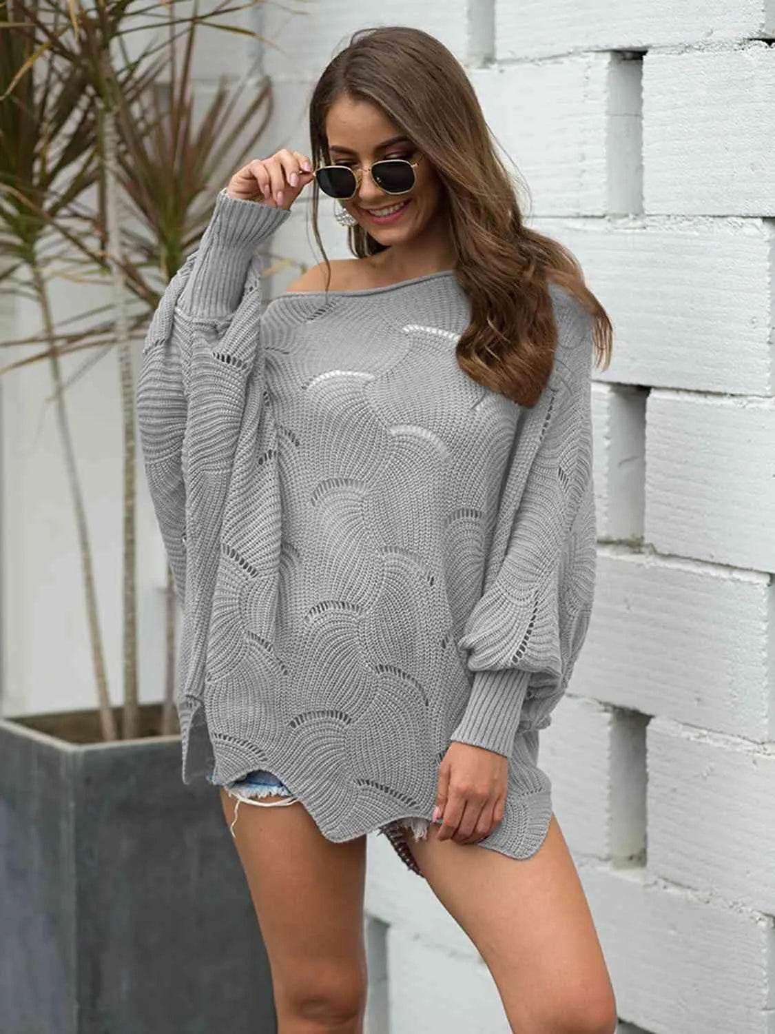 Full Size Boat Neck Lantern Sleeve Openwork Knit Top - Bona Fide Fashion