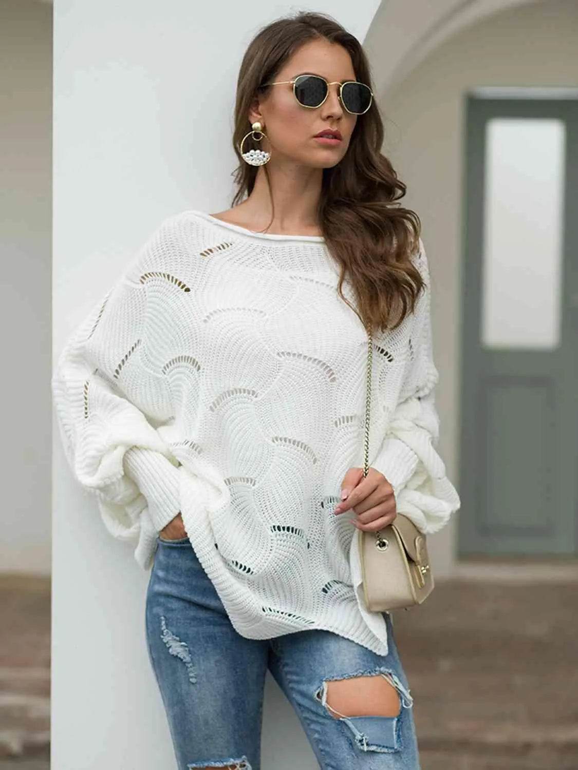 Full Size Boat Neck Lantern Sleeve Openwork Knit Top - Bona Fide Fashion