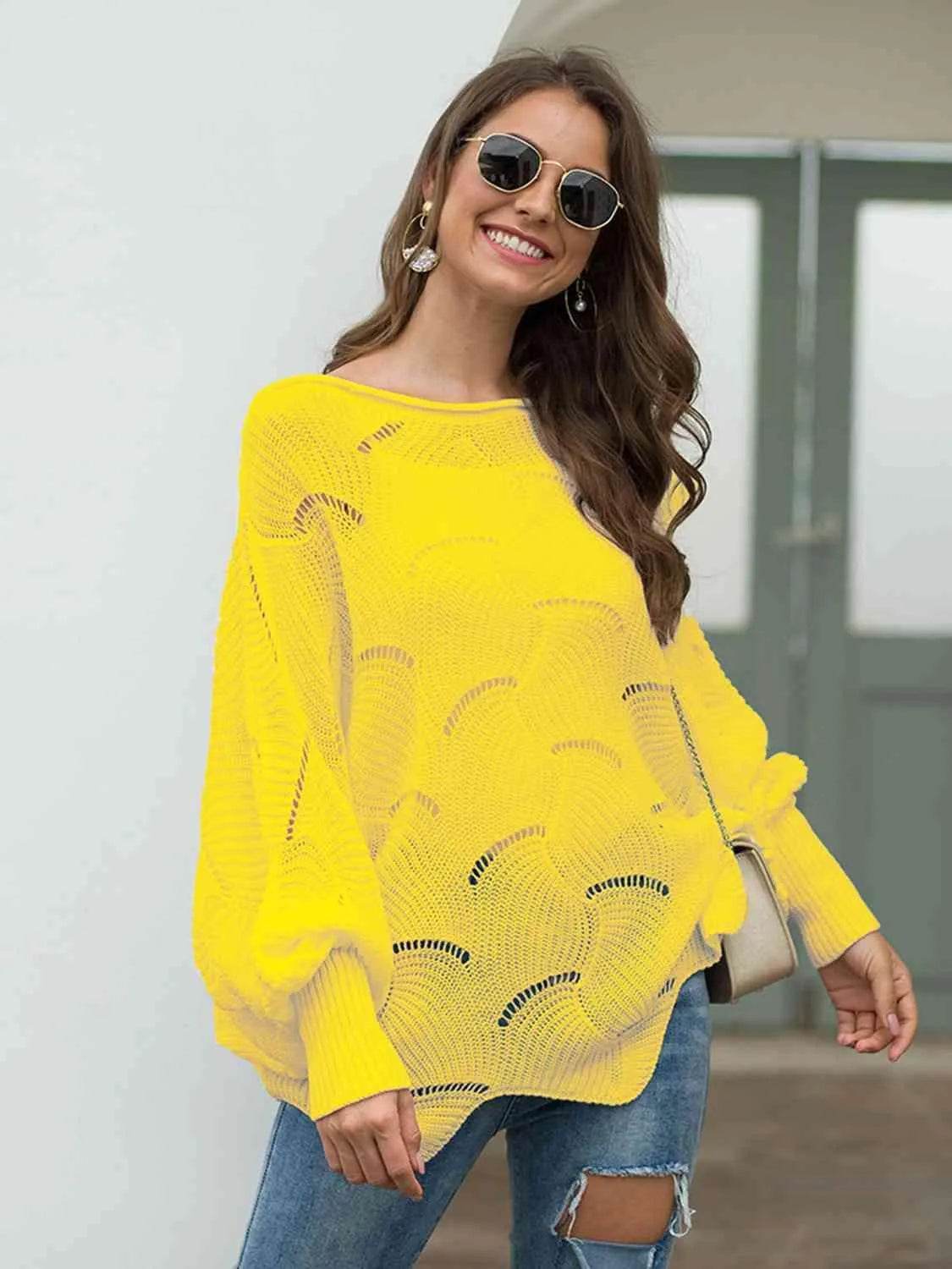 Full Size Boat Neck Lantern Sleeve Openwork Knit Top - Bona Fide Fashion