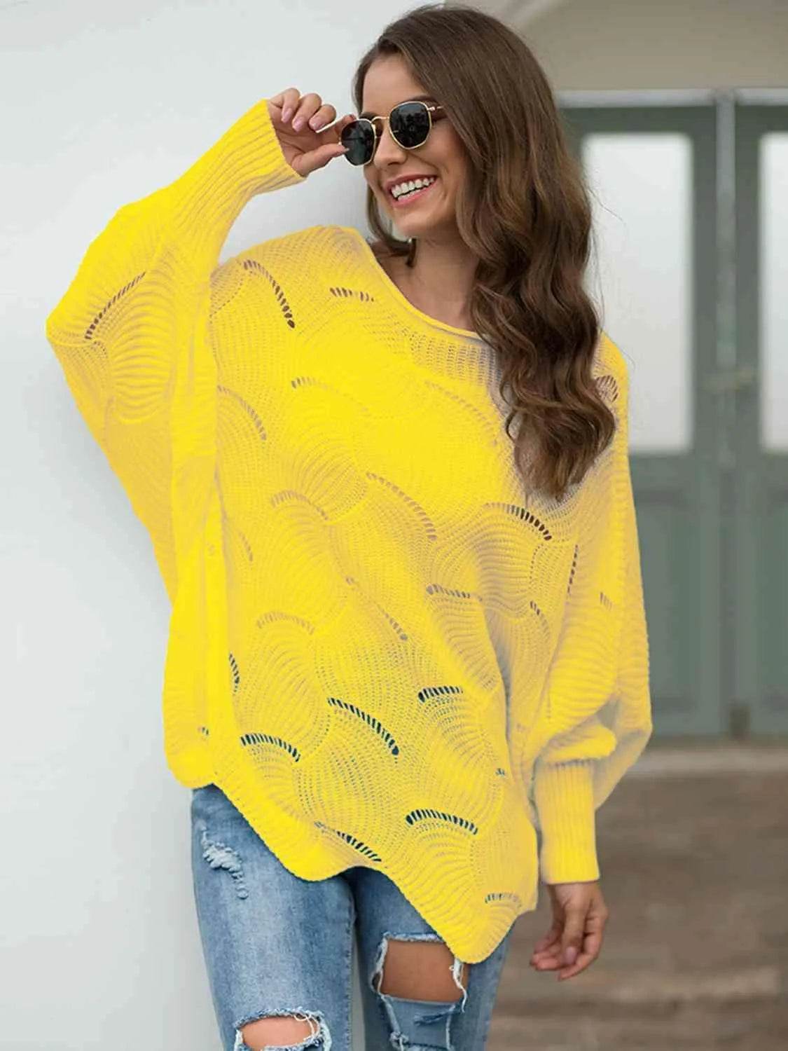 Full Size Boat Neck Lantern Sleeve Openwork Knit Top - Bona Fide Fashion
