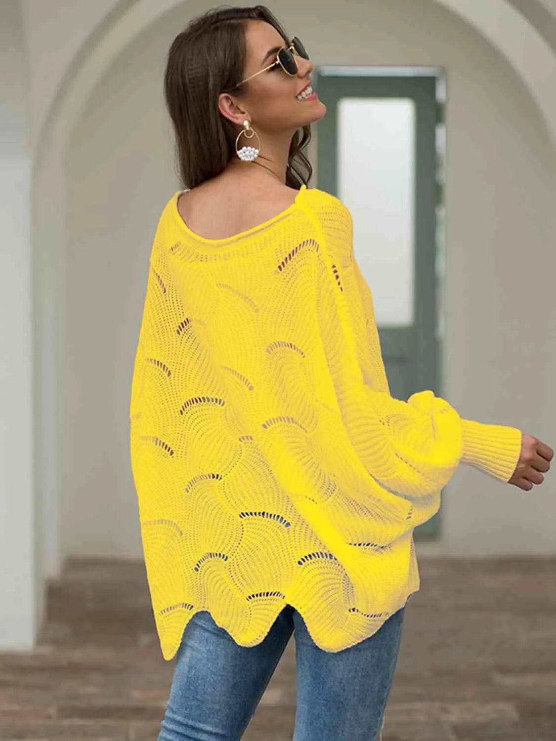 Full Size Boat Neck Lantern Sleeve Openwork Knit Top - Bona Fide Fashion