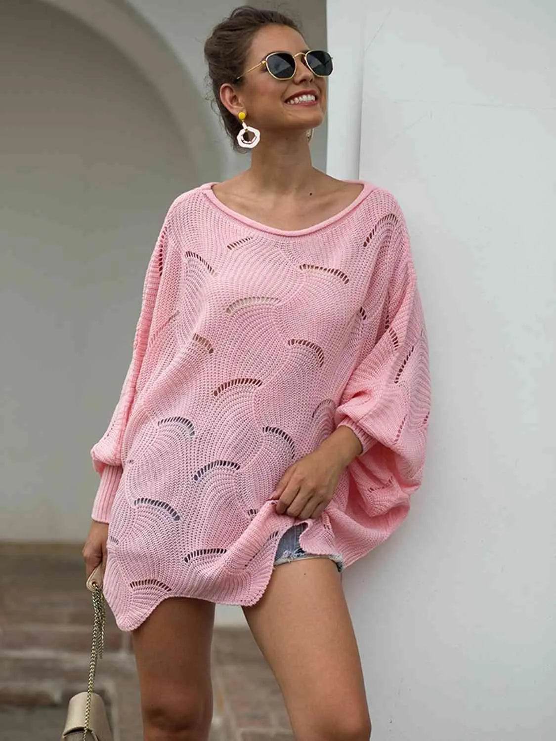 Full Size Boat Neck Lantern Sleeve Openwork Knit Top - Bona Fide Fashion