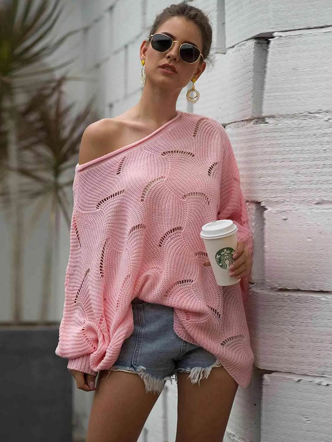 Full Size Boat Neck Lantern Sleeve Openwork Knit Top - Bona Fide Fashion