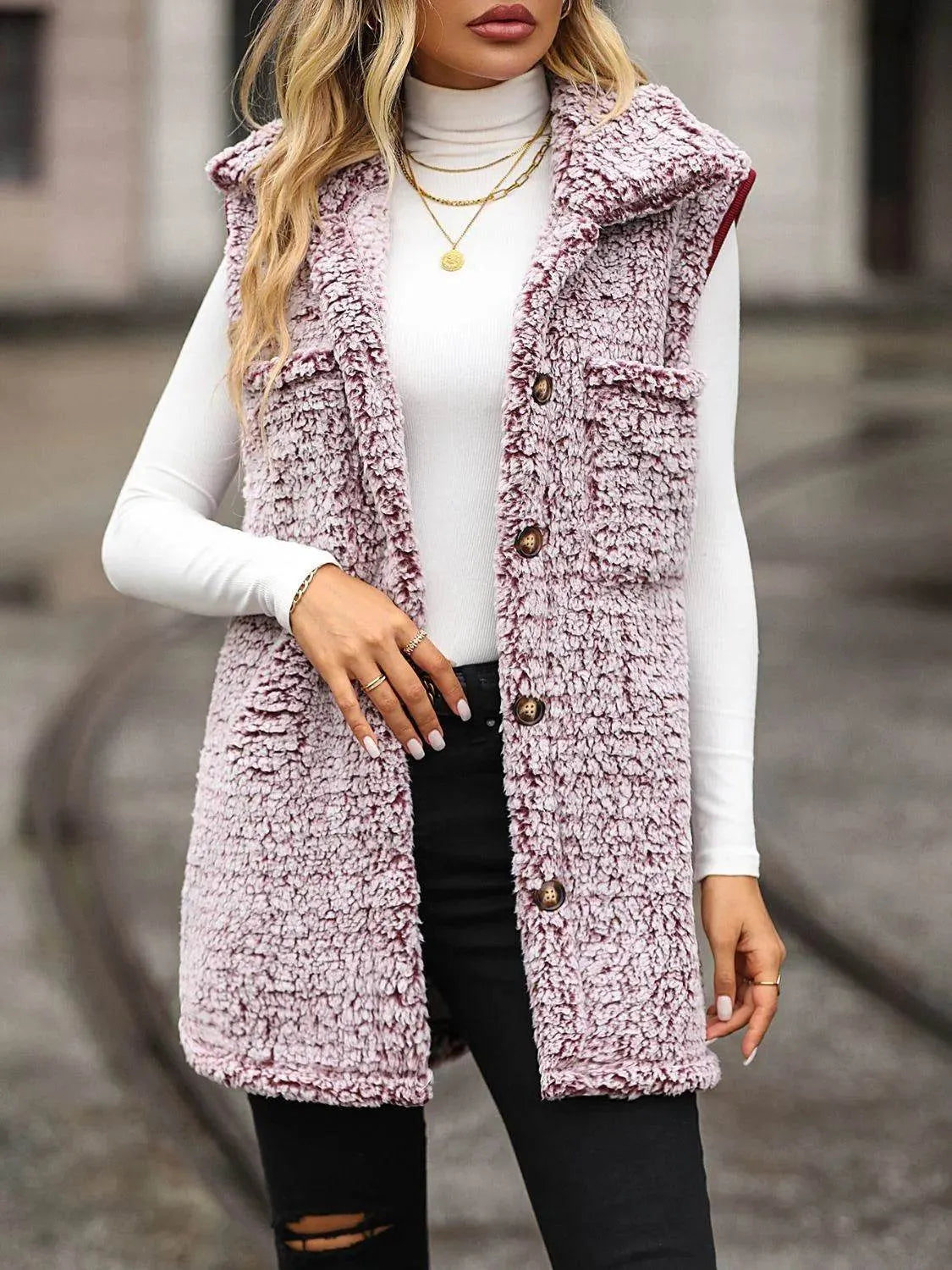 Full Size Button Down Collared Neck Vest - Bona Fide Fashion