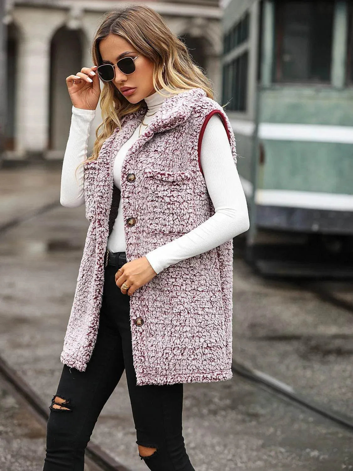 Full Size Button Down Collared Neck Vest - Bona Fide Fashion