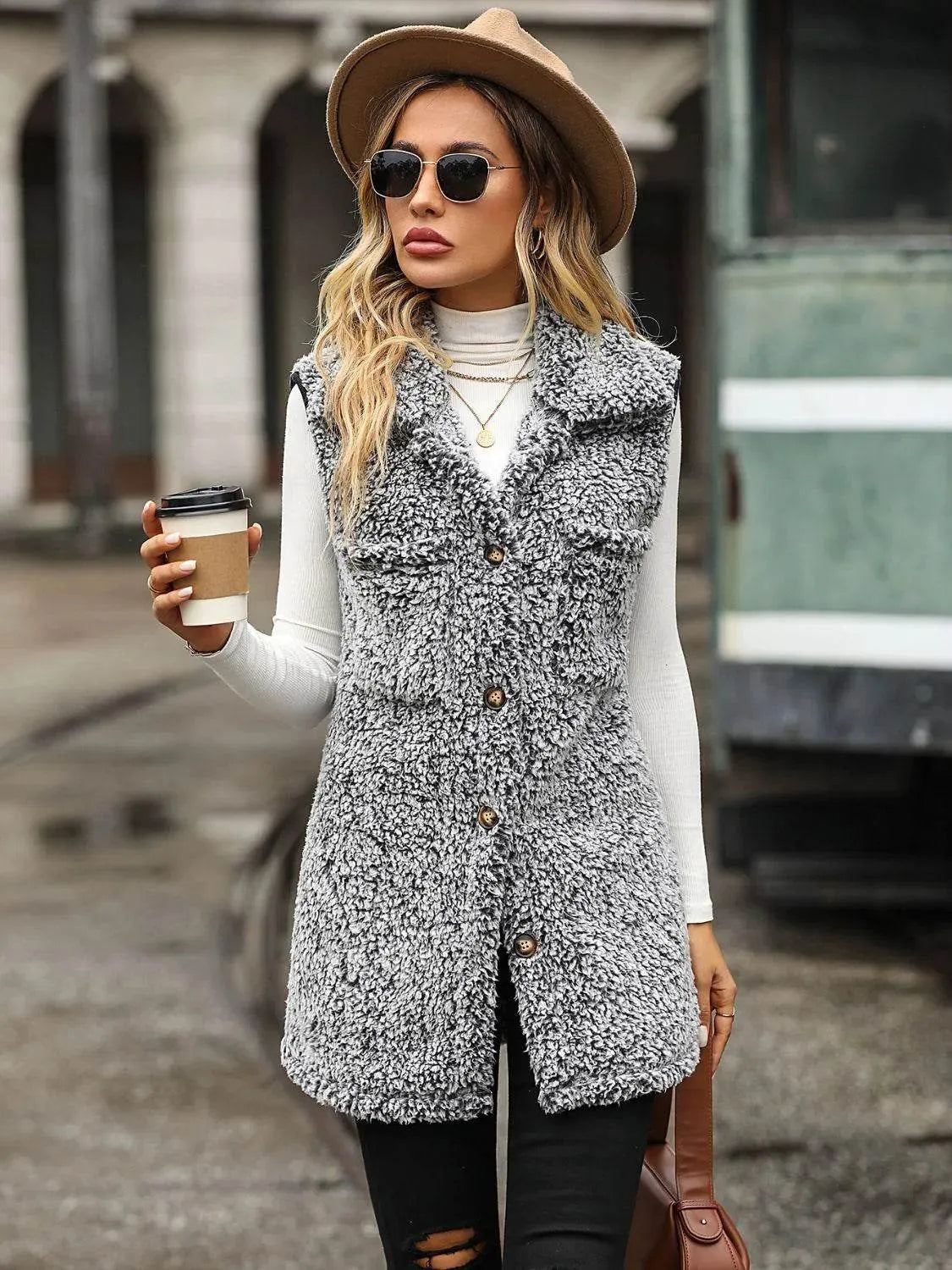Full Size Button Down Collared Neck Vest - Bona Fide Fashion