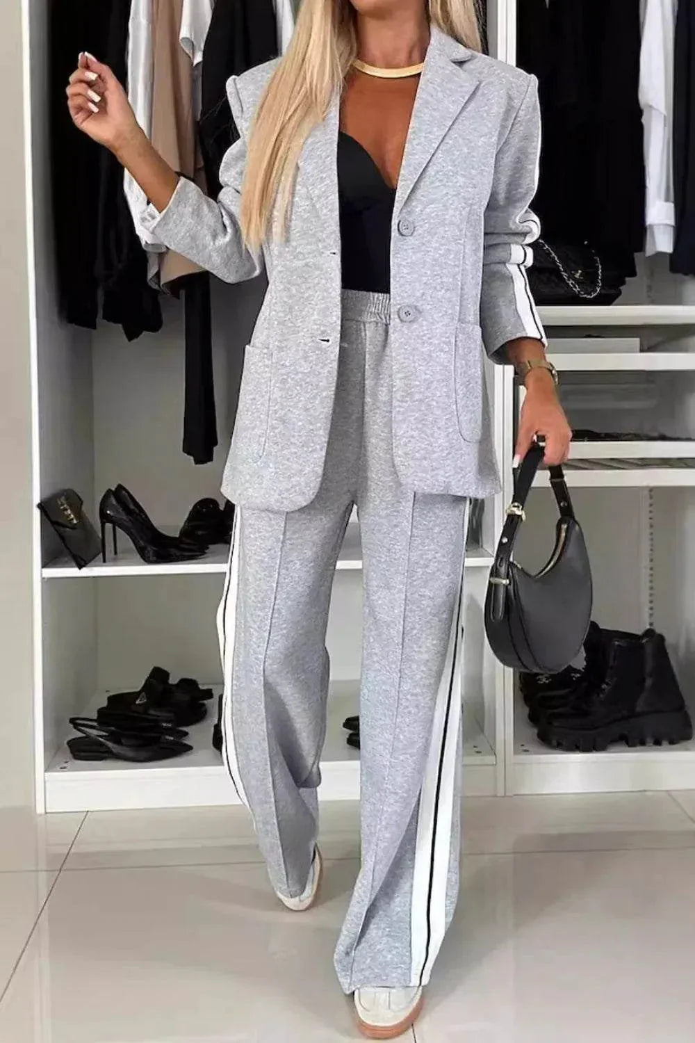 Full Size Contrast Lapel Collar Top and Pants Set - Bona Fide Fashion