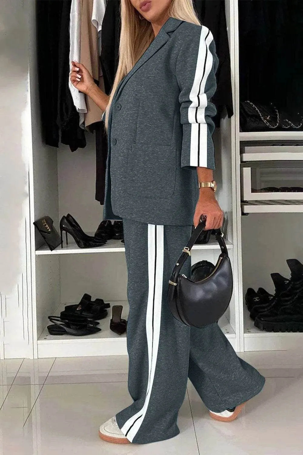 Full Size Contrast Lapel Collar Top and Pants Set - Bona Fide Fashion