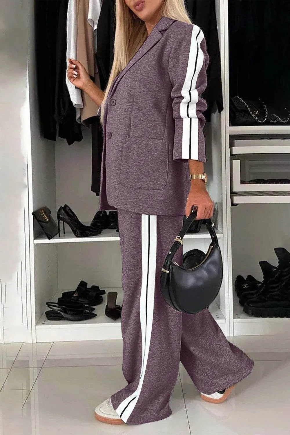 Full Size Contrast Lapel Collar Top and Pants Set - Bona Fide Fashion