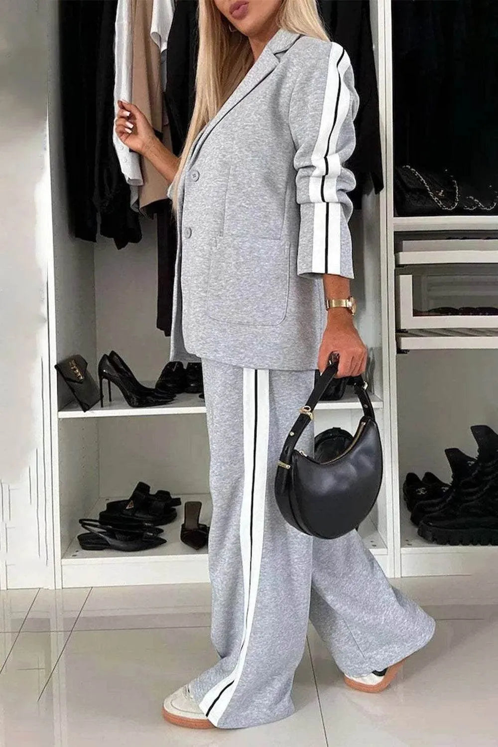 Full Size Contrast Lapel Collar Top and Pants Set - Bona Fide Fashion