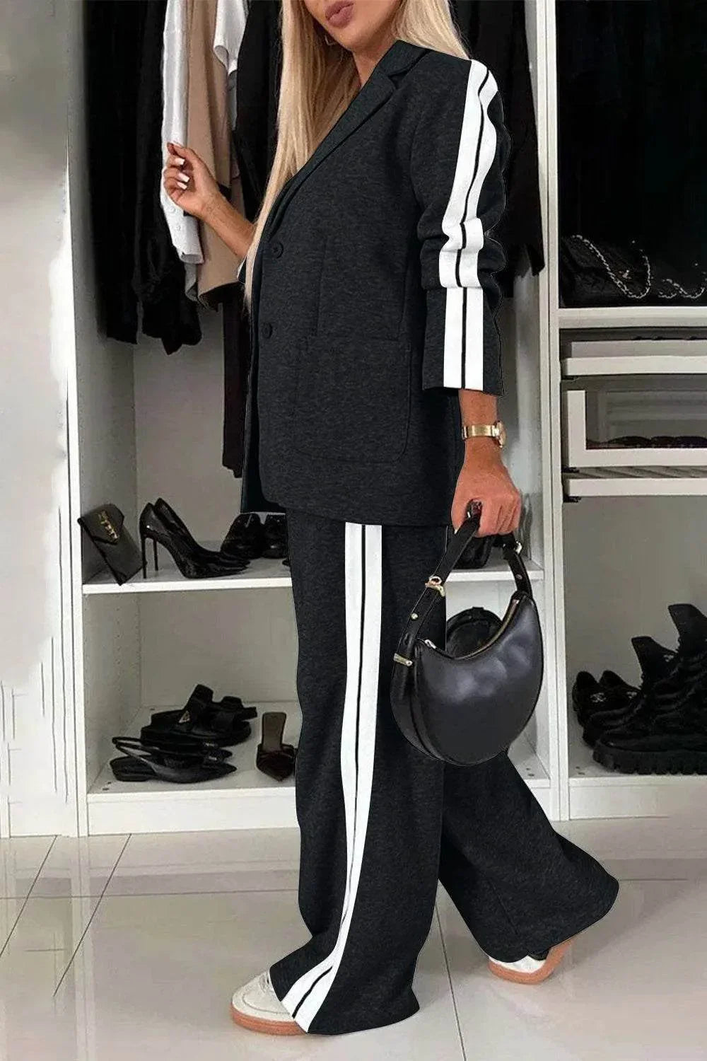Full Size Contrast Lapel Collar Top and Pants Set - Bona Fide Fashion