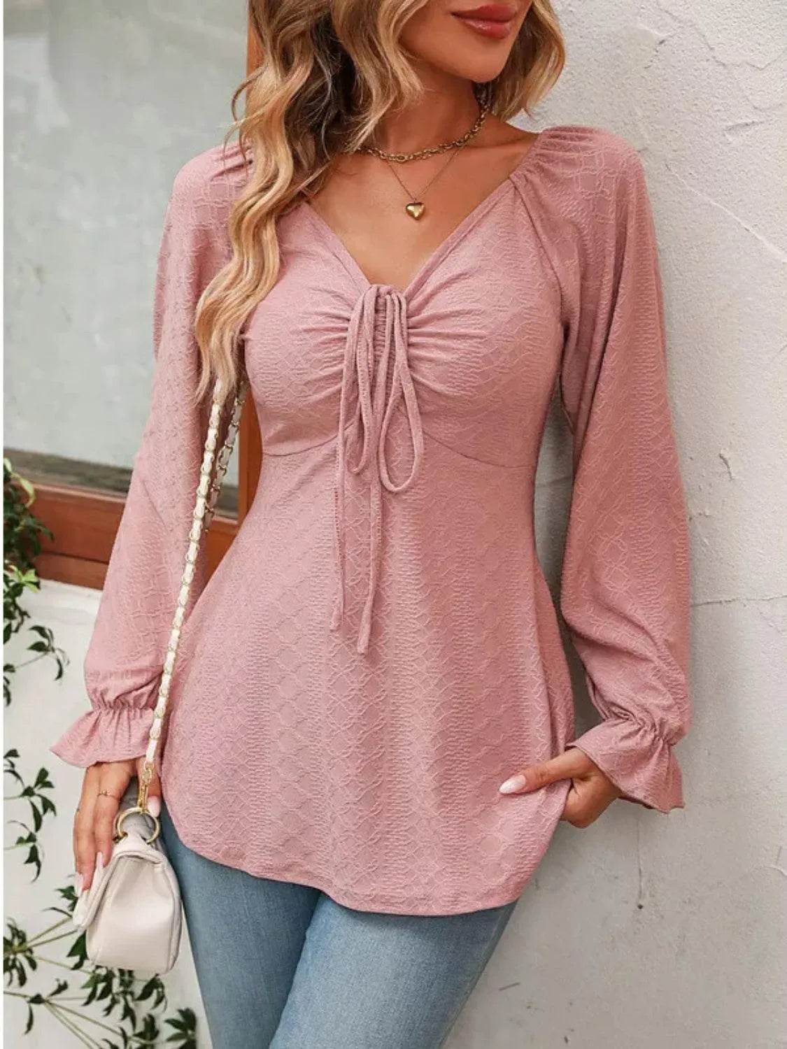 Full Size Drawstring Ruffled V-Neck Long Sleeve Blouse - Bona Fide Fashion