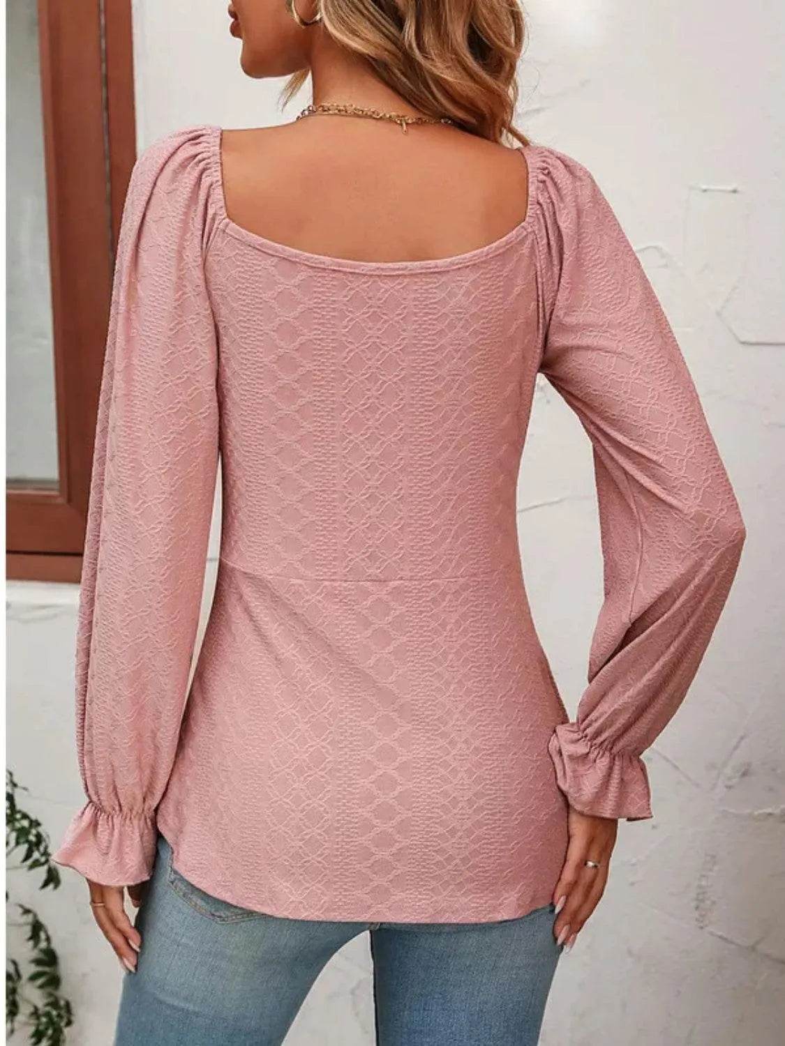 Full Size Drawstring Ruffled V-Neck Long Sleeve Blouse - Bona Fide Fashion
