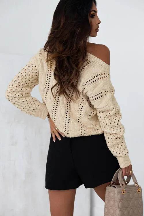 Full Size Openwork Cable-Knit Round Neck Knit Top - Bona Fide Fashion