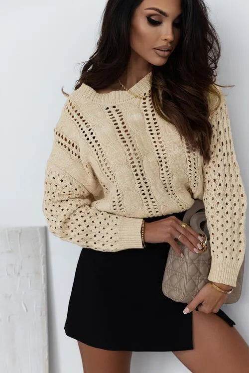 Full Size Openwork Cable-Knit Round Neck Knit Top - Bona Fide Fashion