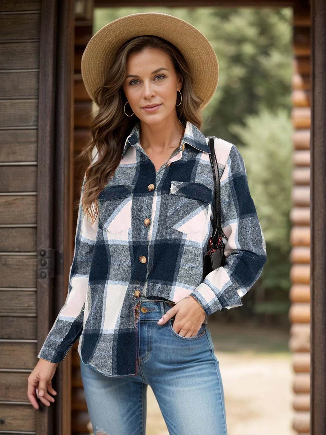 Full Size Pocketed Plaid Collared Neck Shacket - Bona Fide Fashion