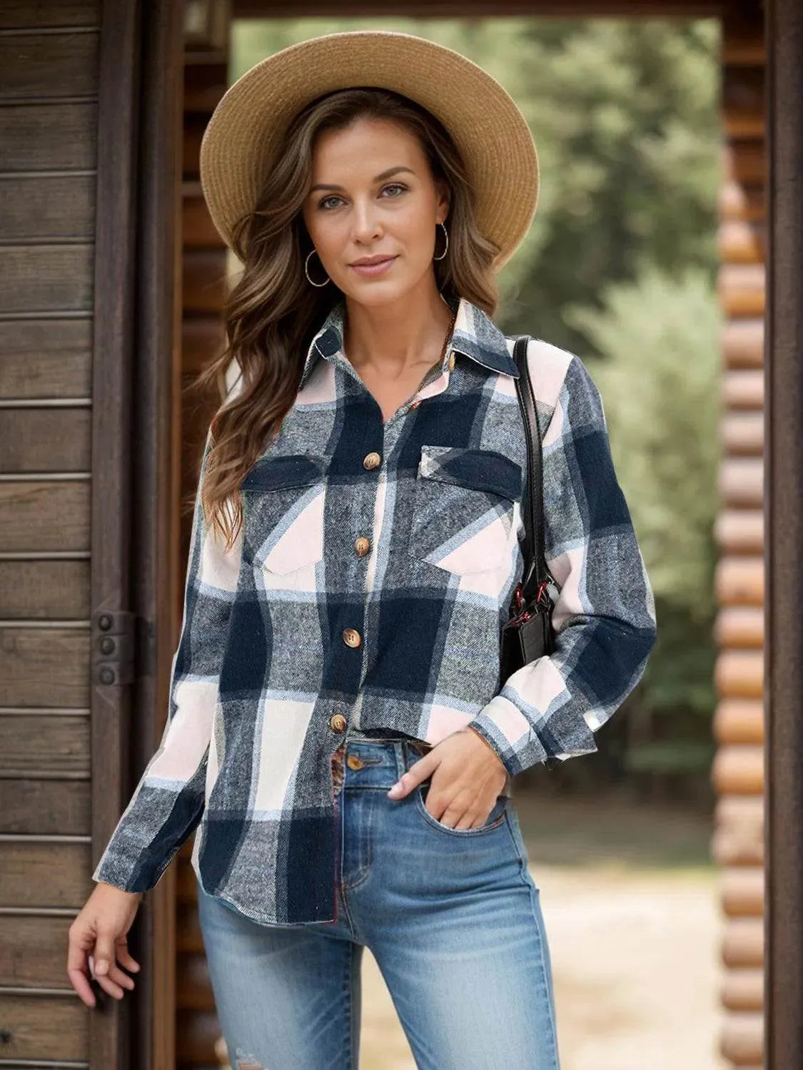 Full Size Pocketed Plaid Collared Neck Shacket - Bona Fide Fashion
