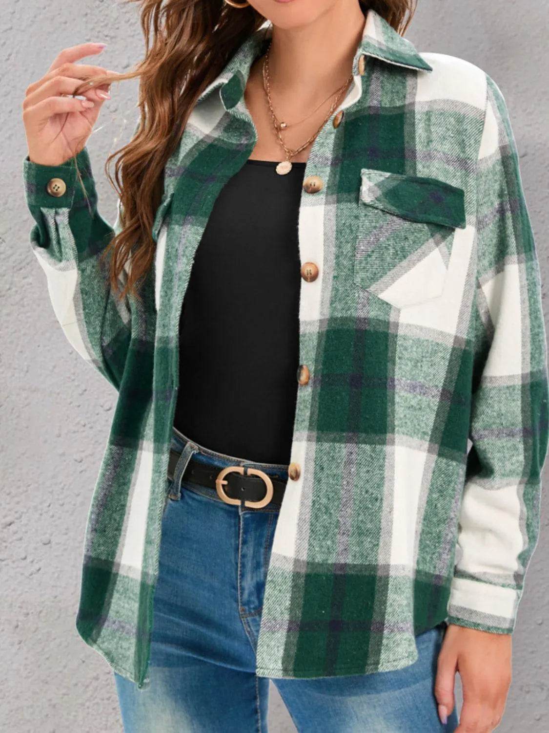 Full Size Pocketed Plaid Collared Neck Shacket - Bona Fide Fashion