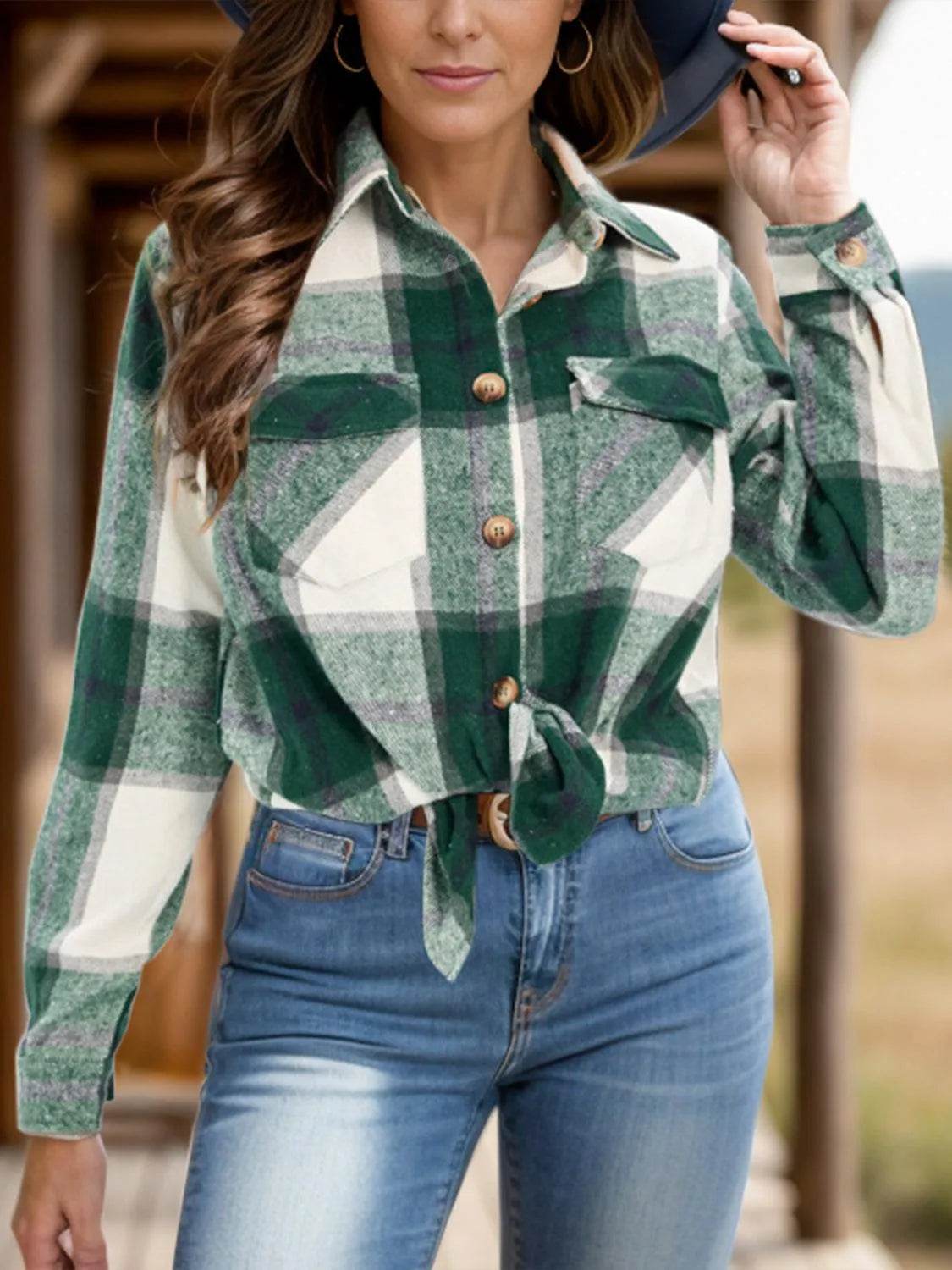 Full Size Pocketed Plaid Collared Neck Shacket - Bona Fide Fashion