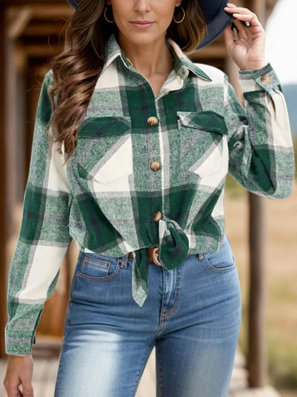 Full Size Pocketed Plaid Collared Neck Shacket - Bona Fide Fashion