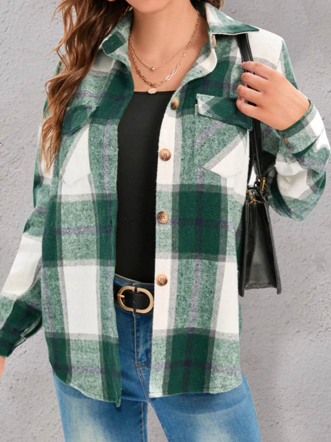 Full Size Pocketed Plaid Collared Neck Shacket - Bona Fide Fashion
