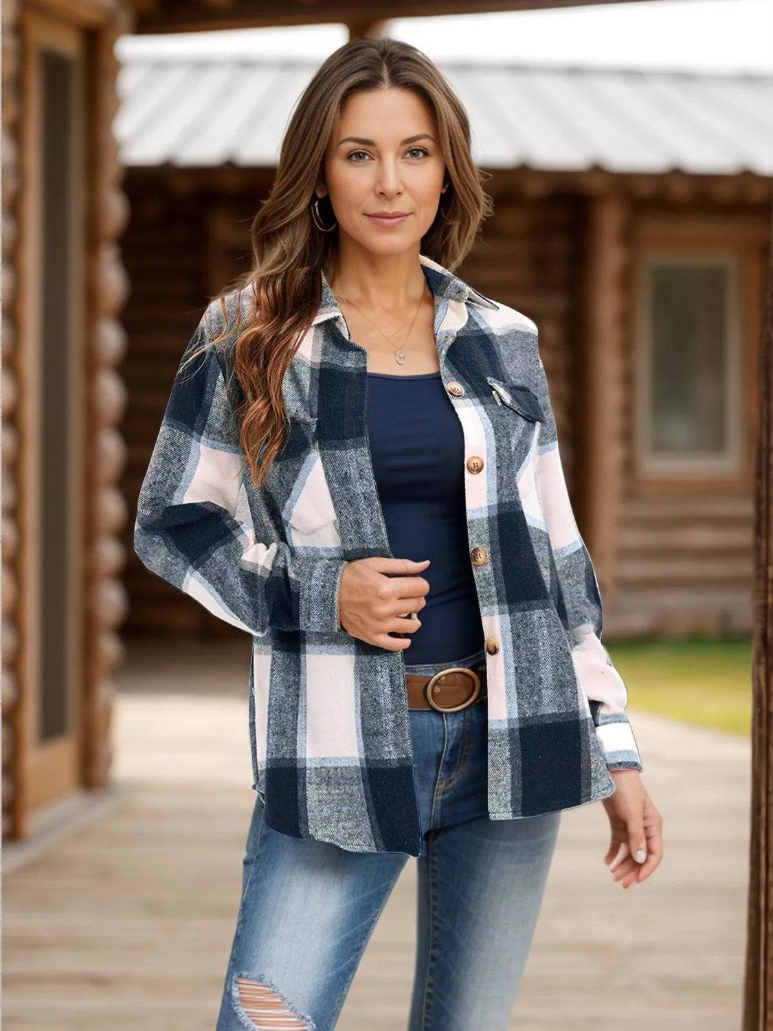 Full Size Pocketed Plaid Collared Neck Shacket - Bona Fide Fashion