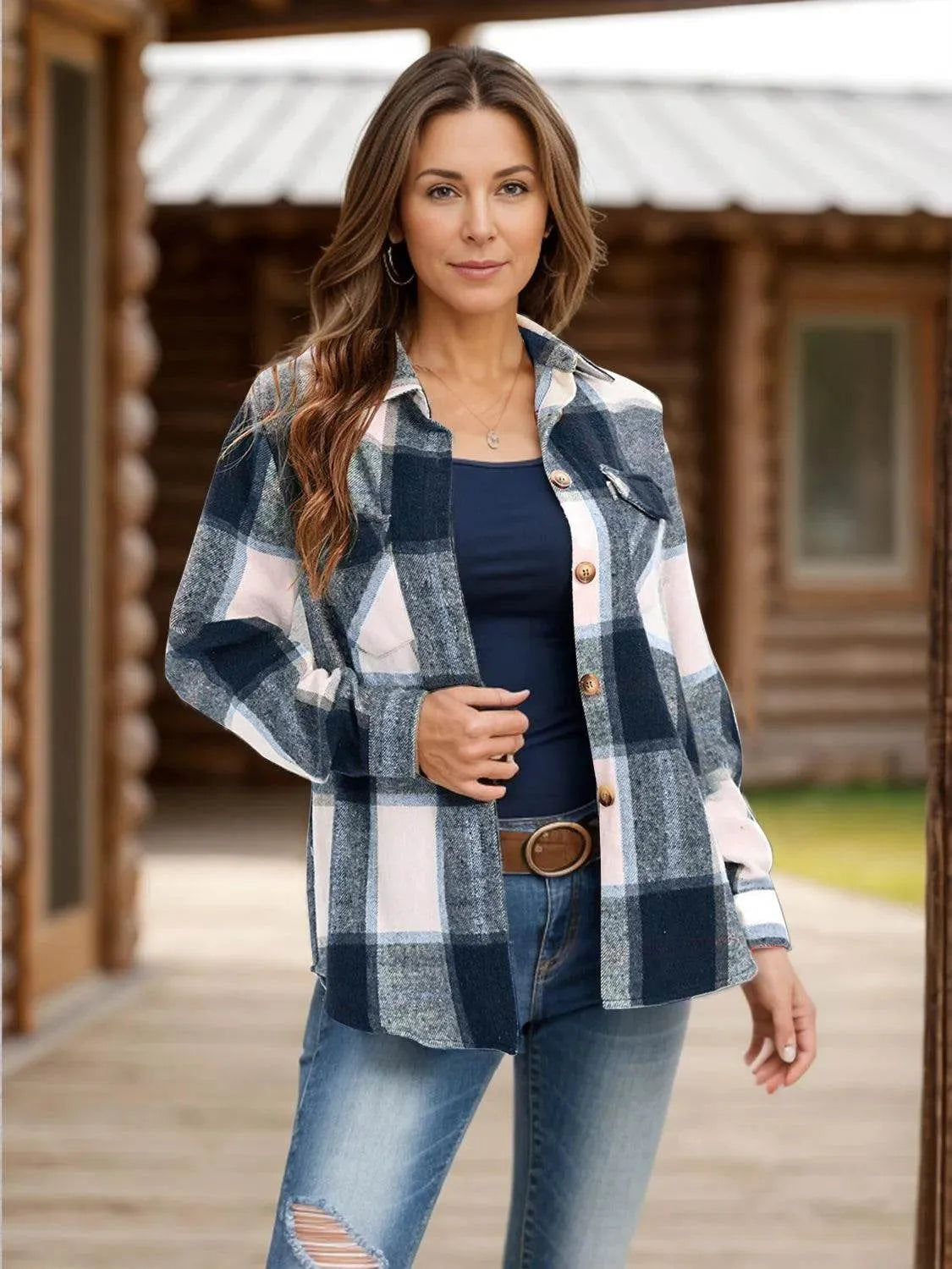 Full Size Pocketed Plaid Collared Neck Shacket - Bona Fide Fashion