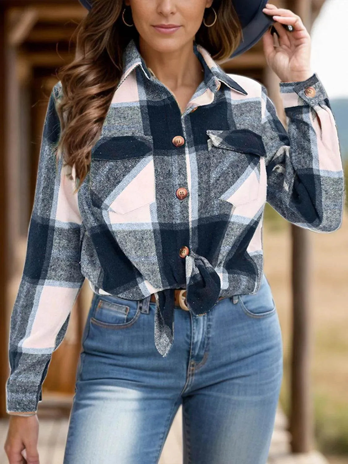 Full Size Pocketed Plaid Collared Neck Shacket - Bona Fide Fashion