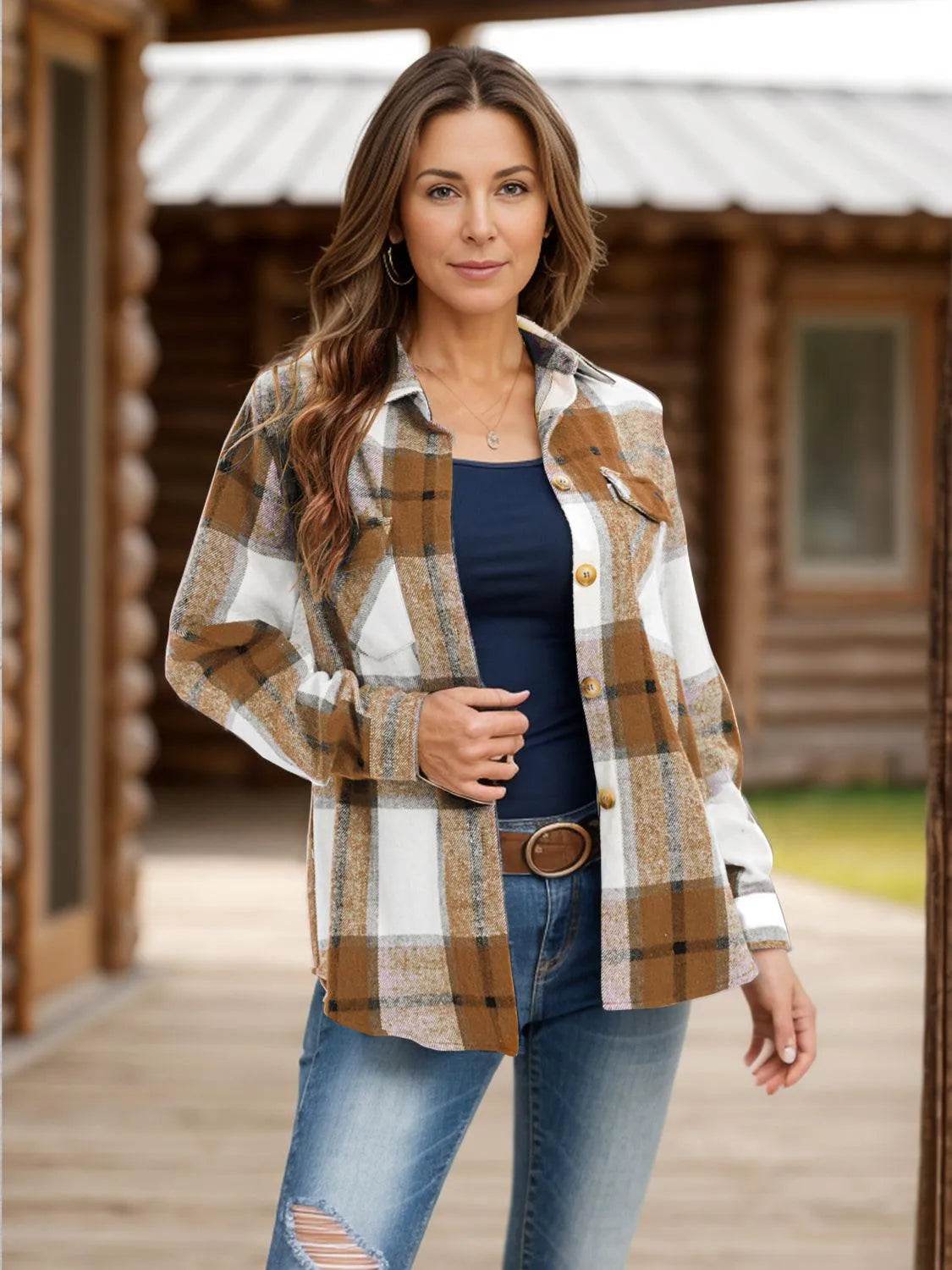 Full Size Pocketed Plaid Collared Neck Shacket - Bona Fide Fashion