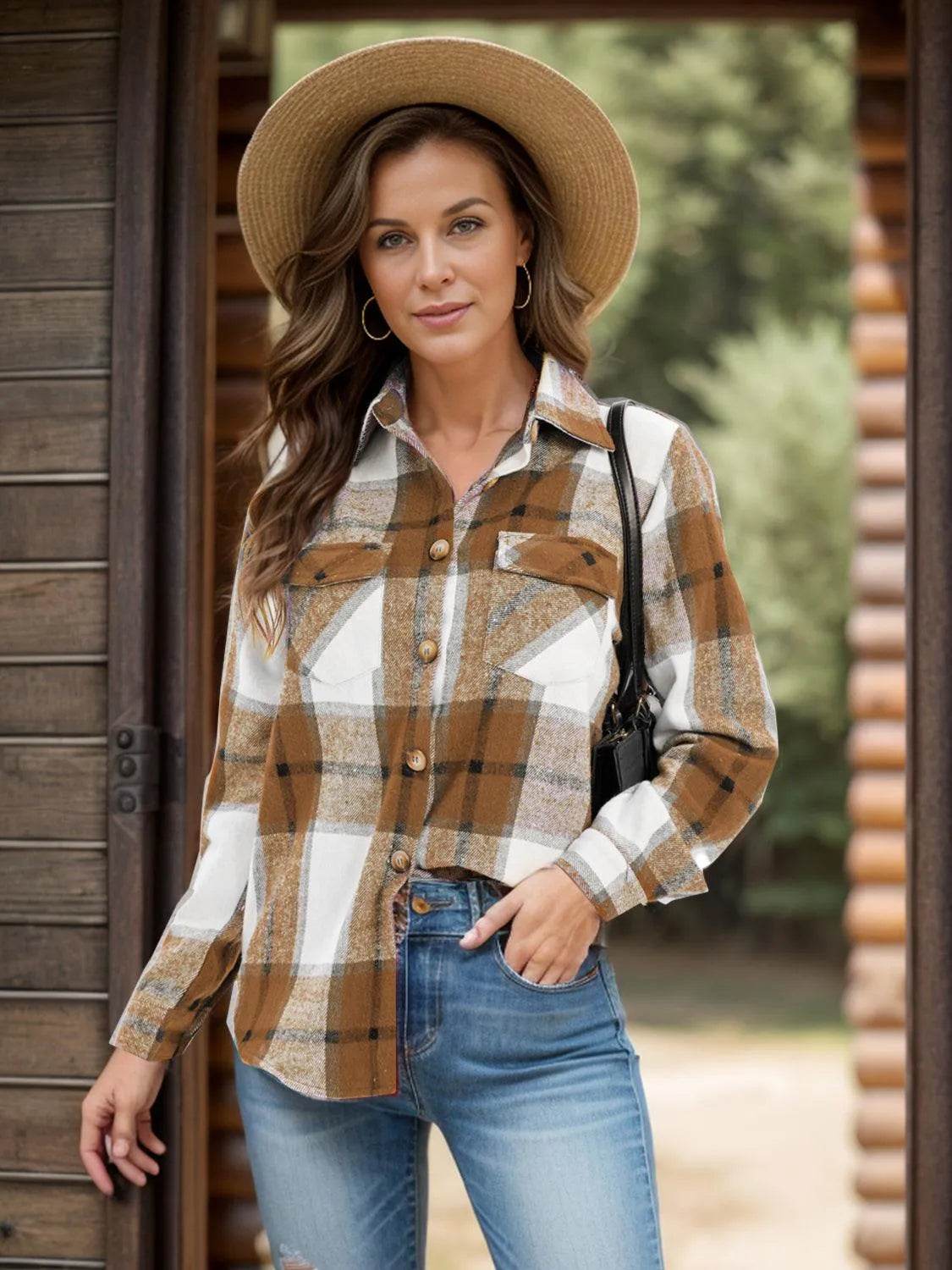 Full Size Pocketed Plaid Collared Neck Shacket - Bona Fide Fashion
